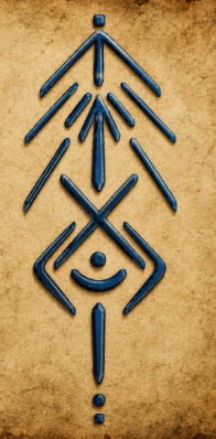 The known sigil of Lux — a radiant ascending rune of converging rays above a rising point, inked in deep blue upon aged parchment